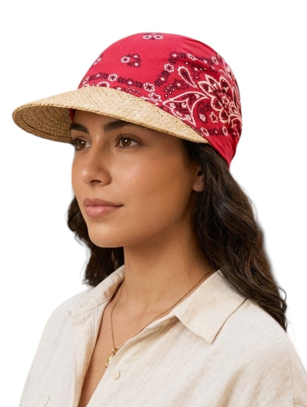 CAPPELLI Straworld Bandana Cap with Straw Visor Red Paisley Headwrap Hat One Sz